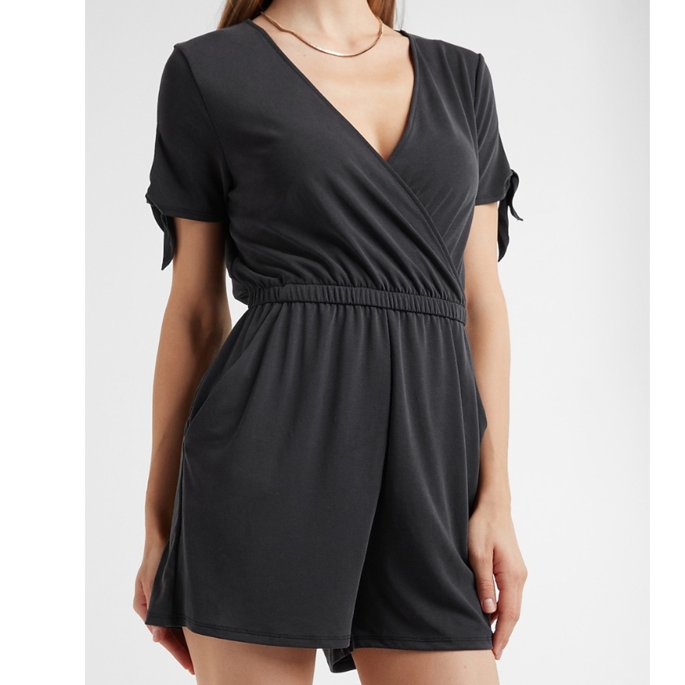 Express silky sueded Jersey Wrap Front Tie Sleeve Romper
